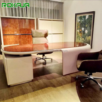 High-End Half Round L-Shape CEO Boss Table with Black Walnut Sticker and Imitation Leather MDF Titanium Finish