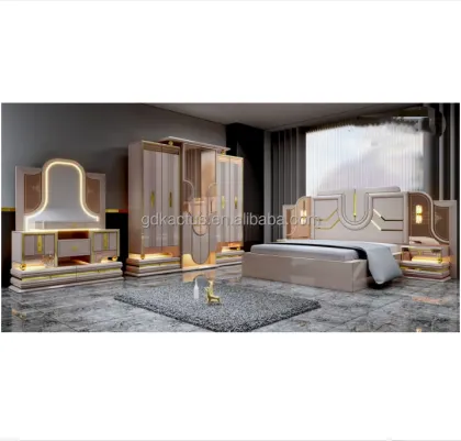 2025 design luxury home use bedroom sets 5pcs upholstered LED lighted elegant king size classical bedroom sets