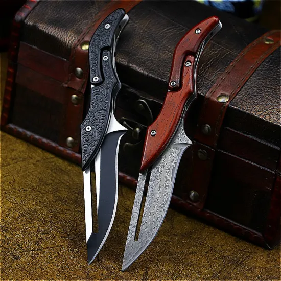 DEHONG Damascus Mechanical folding Knife Fashion D2 steel folding knife outdoor folding knife pocket knife jungle hunting knife