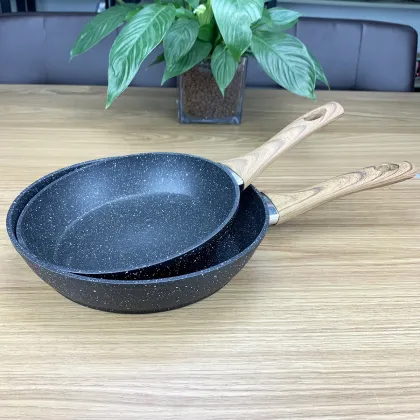 Dessini Frying Pan 3-Pc Set La Seria Cookware Stone Marble Coated Wooden Handle