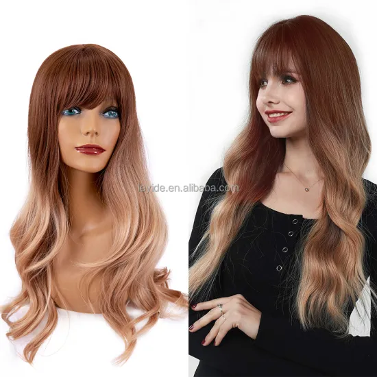 Long Wavy Ombre Brown Synthetic Wigs for Women, Middle Part Natural Looking Silk Fully With Bangs Wig for Daily Party Cosplay