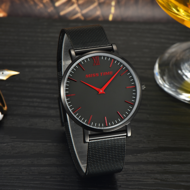 black japan movt stainless steel slim stone quartz watch