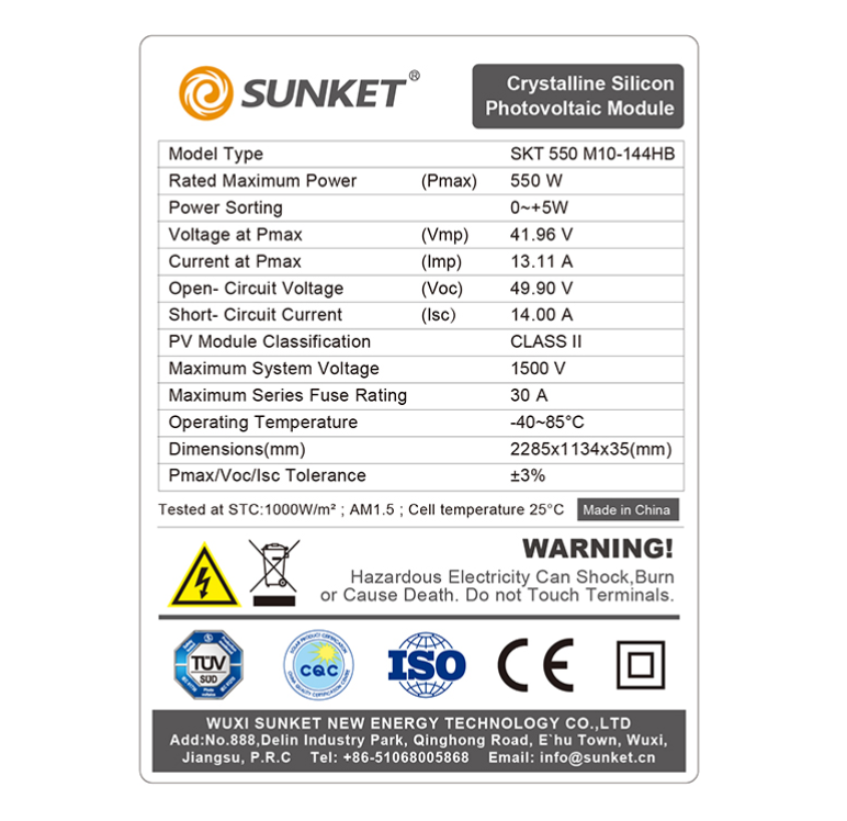 Sunket 182mm separuh potong 144cell panel solar 550W