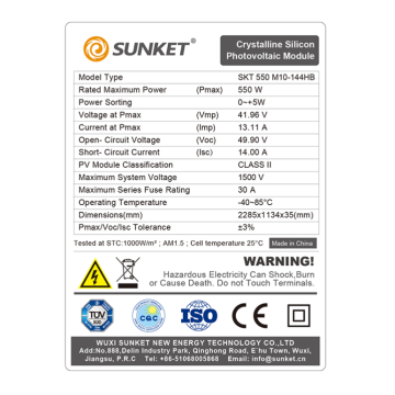 Sunket 182mm Half Cut 144cell Panel Solar 550W