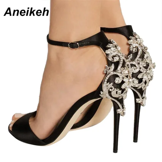 Aneikeh Rhinestone Stiletto Lady Sexy Crystal Thin Heels Sandal Woman Ankle Strap Wedding Dress Shoes Pumps Big Shoe 40 41 42
