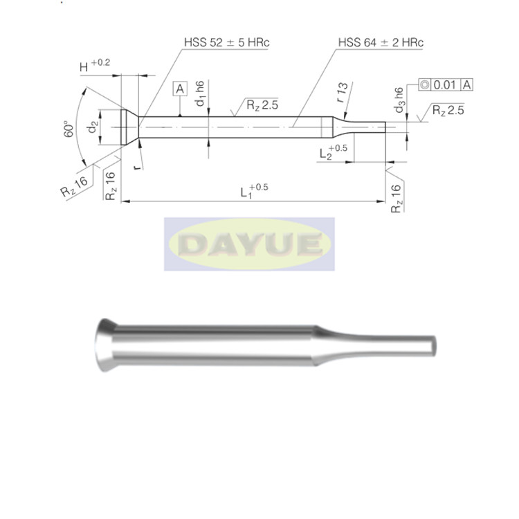 High precision straight punch with 30 degree head