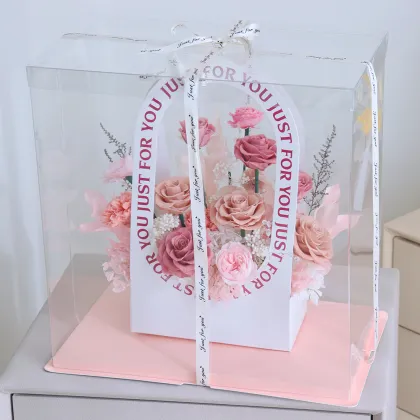 Mom's Pink Forever Rose Flower Basket - Natural Preserved Rose Gift