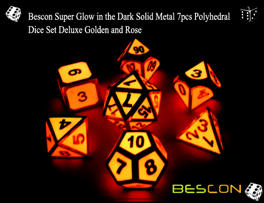 Bescon Super Glow in the Dark Solid Metal 7pcs Polyhedral Dice Set Deluxe Golden and Rose-2
