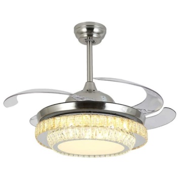 Invisible Reversible Crystal Ceiling Fan with LED Light and Remote Control - 4 Retractable Blades for Bedroom and Livingroom
