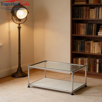 Compact 2-Tier Rectangular Side Table Storage Shelf with Stainless Steel Frame for Hotel, Home Office & Small Spaces