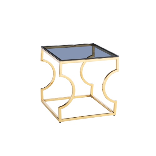 Mesa auxiliar geométrica dorada con vidrio gris ahumado