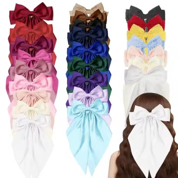 DOMOHO Handmade Super Large Bow Hairpin for Women - Fashion Ribbon Metal Grosgrain Alloy Pure Color Long Sweet Bow Hairpin