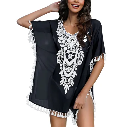 Women`s Crochet Chiffon Tassel Swimsuit Beach