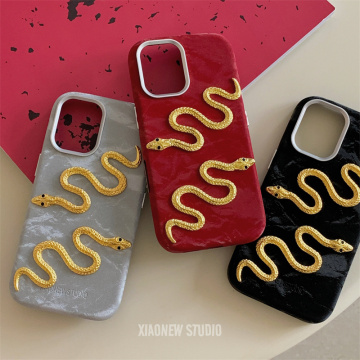 High-Grade Gold Snake Satin Shockproof Phone Cases for iPhone 16 Pro Max, 15 Pro, 14, 13
