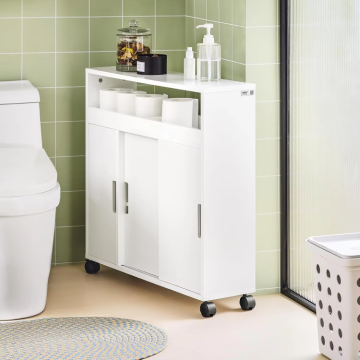 Custom Color Space-saving White MDF Bathroom Locker with Wheels and Toilet Paper Roll Holder Cabinet