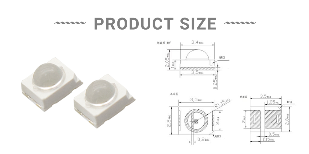 Size of 2835FIRC85E14I100A60 850nm IR LED 2835 Dome Lens 60-degree 100mA