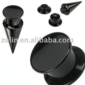 2-in-1 interchangable black acrylic plug ring body tunnel piercing jewelry