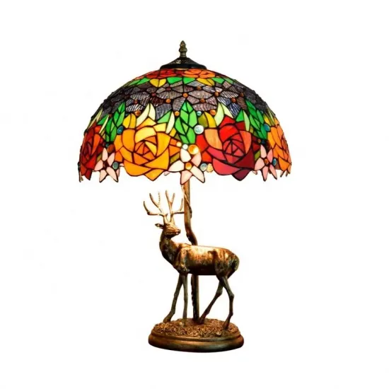 Tiffany Stained Glass Elk Table Lamp - Retro American Pastoral Art Gift for Living Room and Bedroom