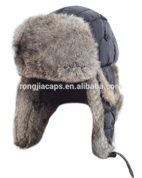 grey cotton winter hat with synthetic fur