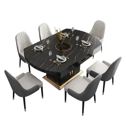 Extendable Round Folding Stainless Steel Tempered Glass Dining Table with Induction Cooker