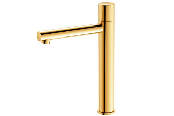 Close up detail of vessel sink faucet spout and handles