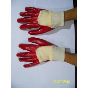 Red PVC dipped gloves open back knit wrist