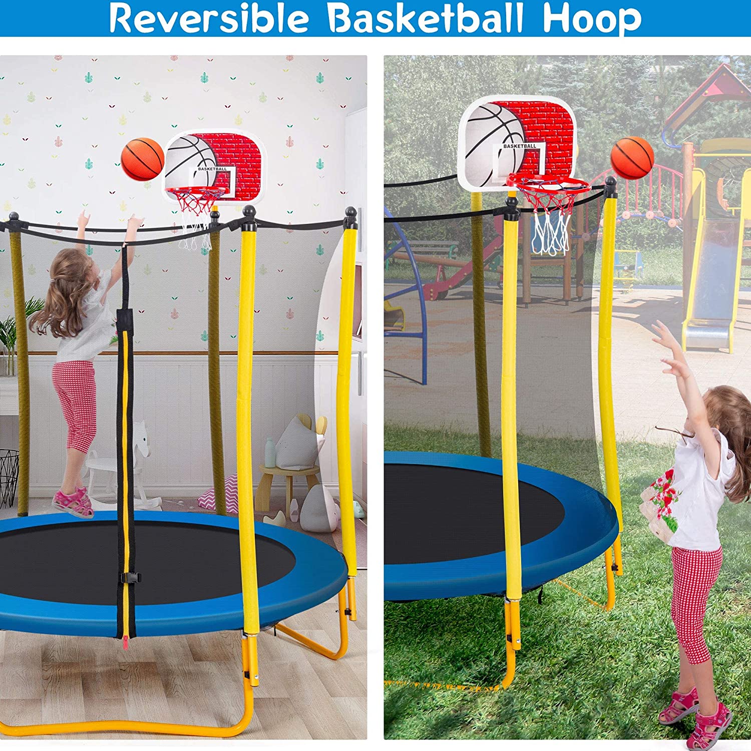 Trampolín para niños con aro de baloncesto, pelota de goma y recinto de seguridad red