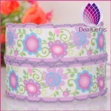 25mm width flower pattern satin ribbon with lacework