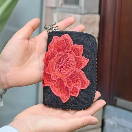 Ethnic Floral Handmade Embroidery Zipper Long Wallet