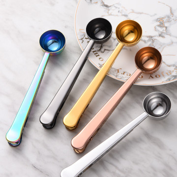 2-in-1 Stainless Steel Coffee Bean Scoop Measuring Spoon with Bag Sealing Clip