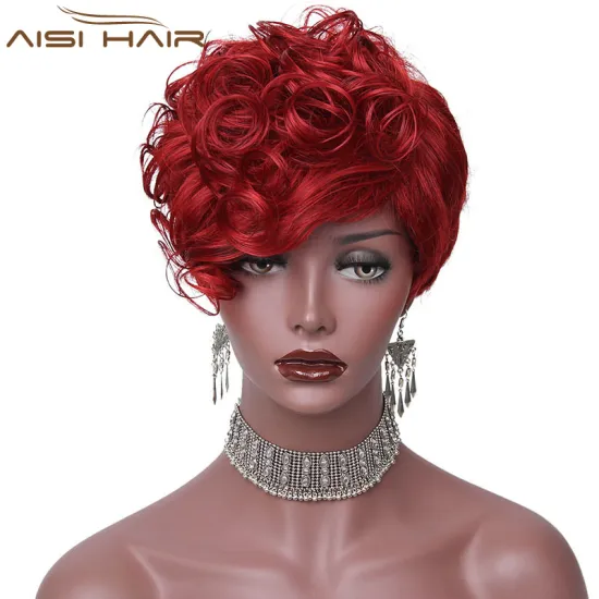 The Best Selling Cosplay Short Curly Wigs For Black Women Synthetic Wine Red Color Fiber High Temperature Wig With Bangs