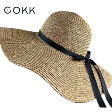 COKK Summer Hats For Women Chapeau Femme Sun Hat Beach Panama Straw Hat Large Wide Brim Black Ribbon Bow Visor Bone Female Cap