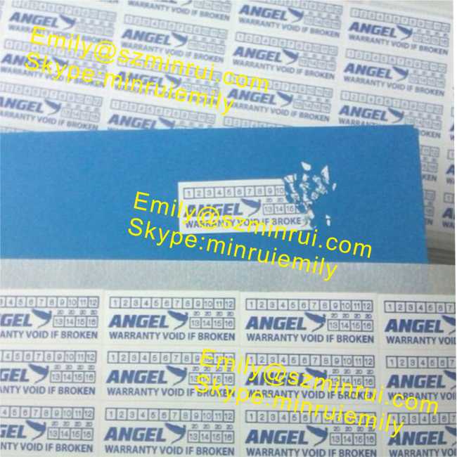 Custom small warranty stickers for tamper evident use with customized logo or name