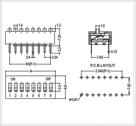 China dip switch 8position datasheet pitch 2.54mm