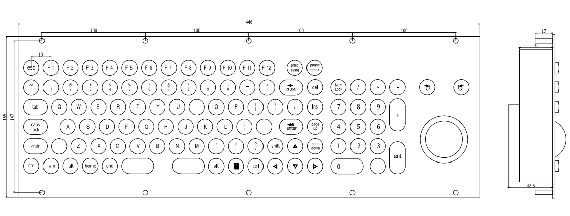 106 Keys Waterproof Rugged Metal Medical Trackball Keyboard For Hospital