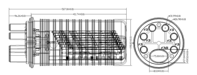 286 core Fiber Optic enclosure PP , 6 small round ports 8 tray