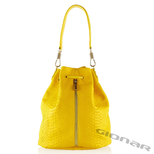 Stylish Yellow Sling Leather Backpack Bag For Women , Snake - Effect