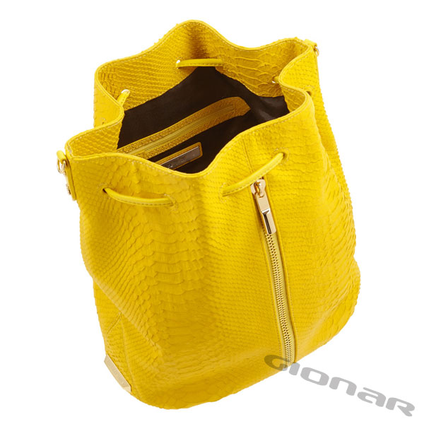 Stylish Yellow Sling Leather Backpack Bag For Women , Snake - Effect