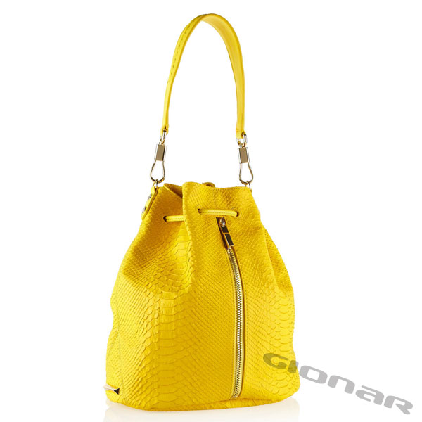 Stylish Yellow Sling Leather Backpack Bag For Women , Snake - Effect