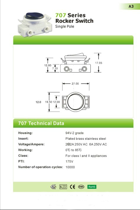 Table Wall Lamp Single Pole Rocker Switch , 2A/250V 6A/250V