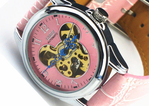 Pink Mechanical Ladies Automatic Watch Skeleton , Leather Wrist Watches