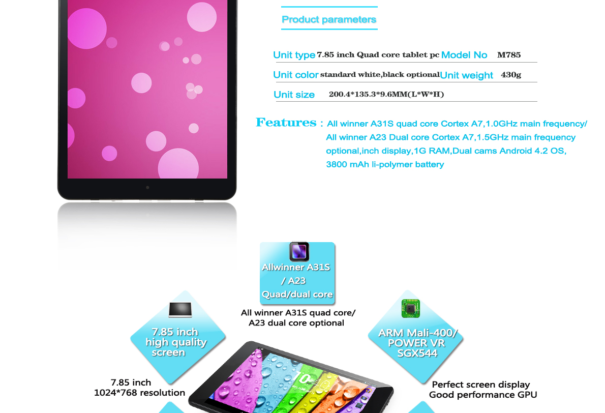 1024 x 768 Pixels 7.85 Inch capacitive screen Tablet PC Cortex A7 1.5GHz A785 With WiFi