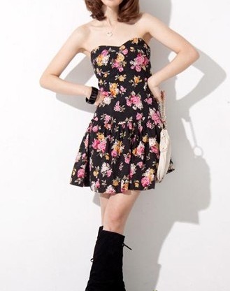 Vintage Flower Print Strapless Evening Dress / Floral Print Skirts with V-neck