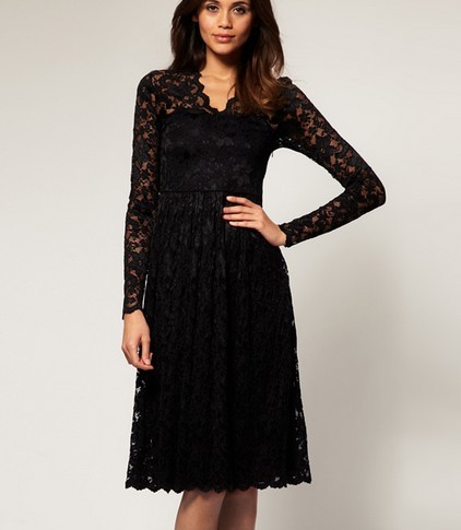 Black Lace Long Sleeves Midi Evening Dresses / Mid-thigh With Straight Skirt