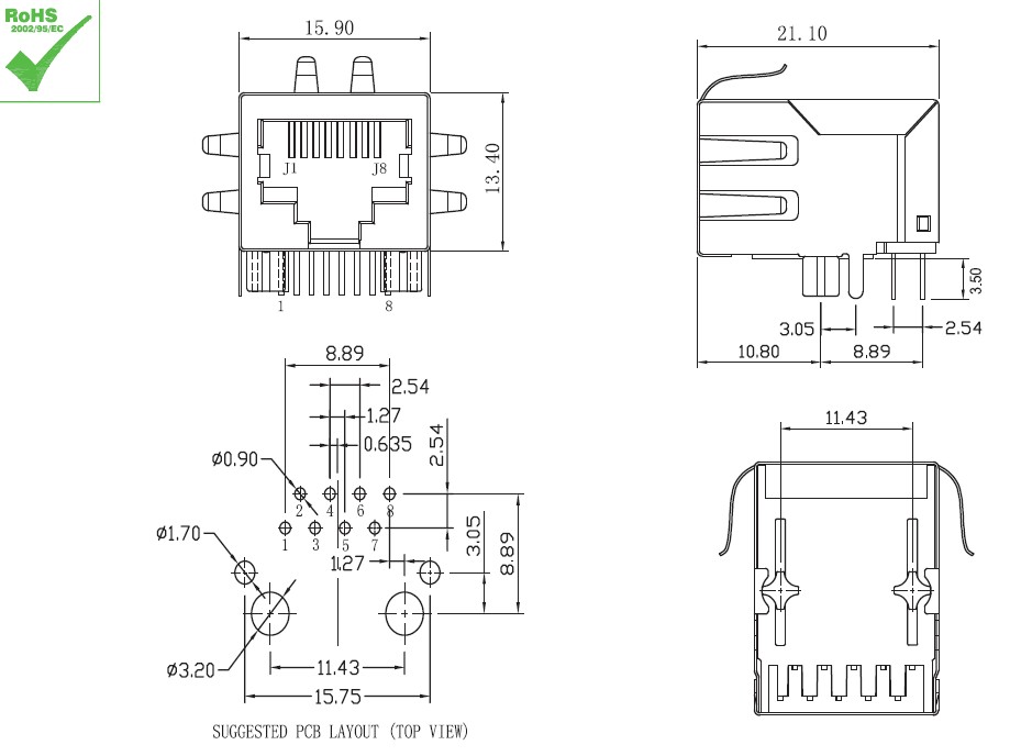 Low Profile HI-POT Multi Pin RJ45 PCB Jack Vertical Tab-Down High Performance