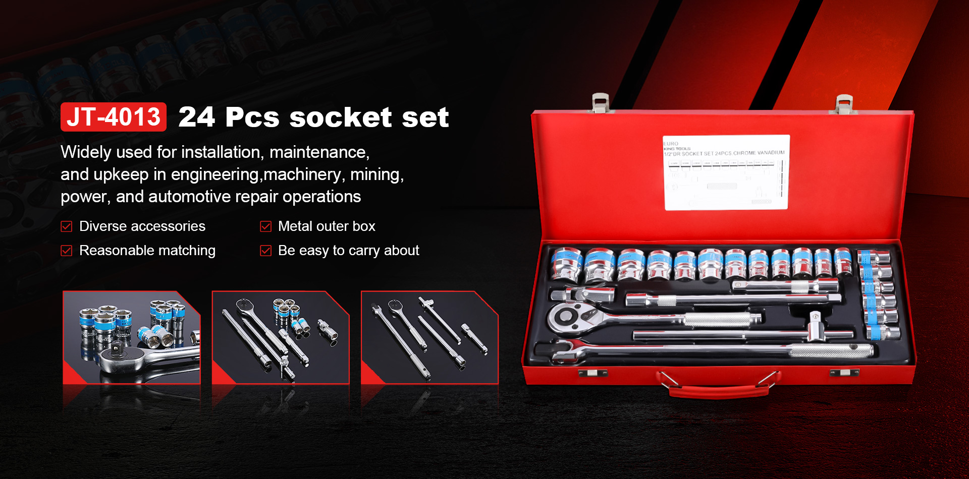 24pcs socket wrench kit with easy carry tool box