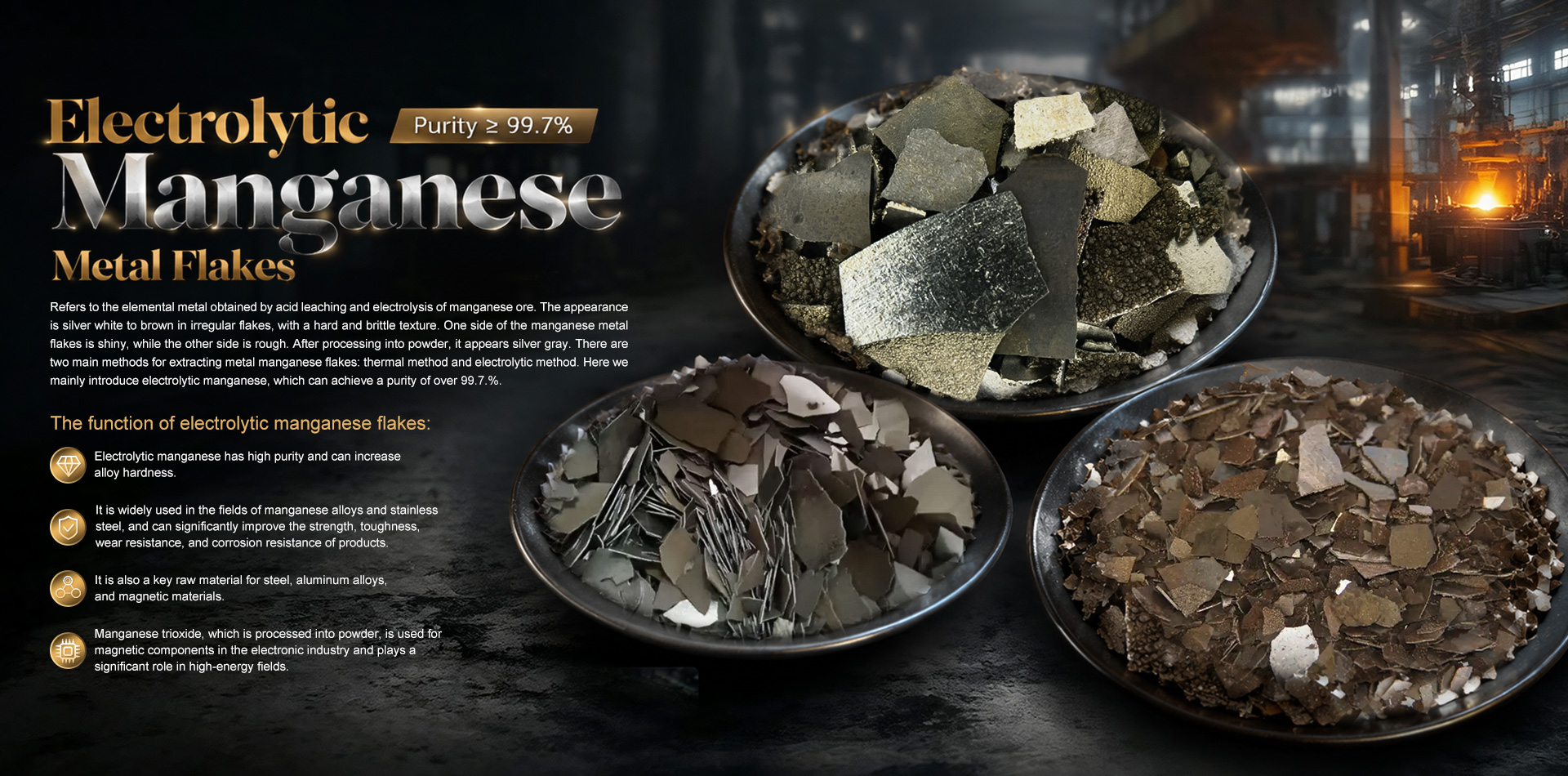 Electrolytic manganese flakes with 99.7% manganese content