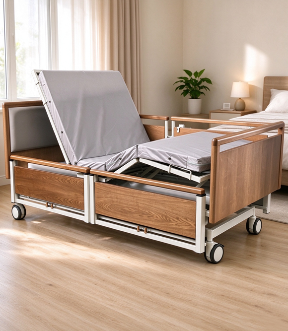 Cama de enfermagem elétrica de 3 funções com grades laterais divididas