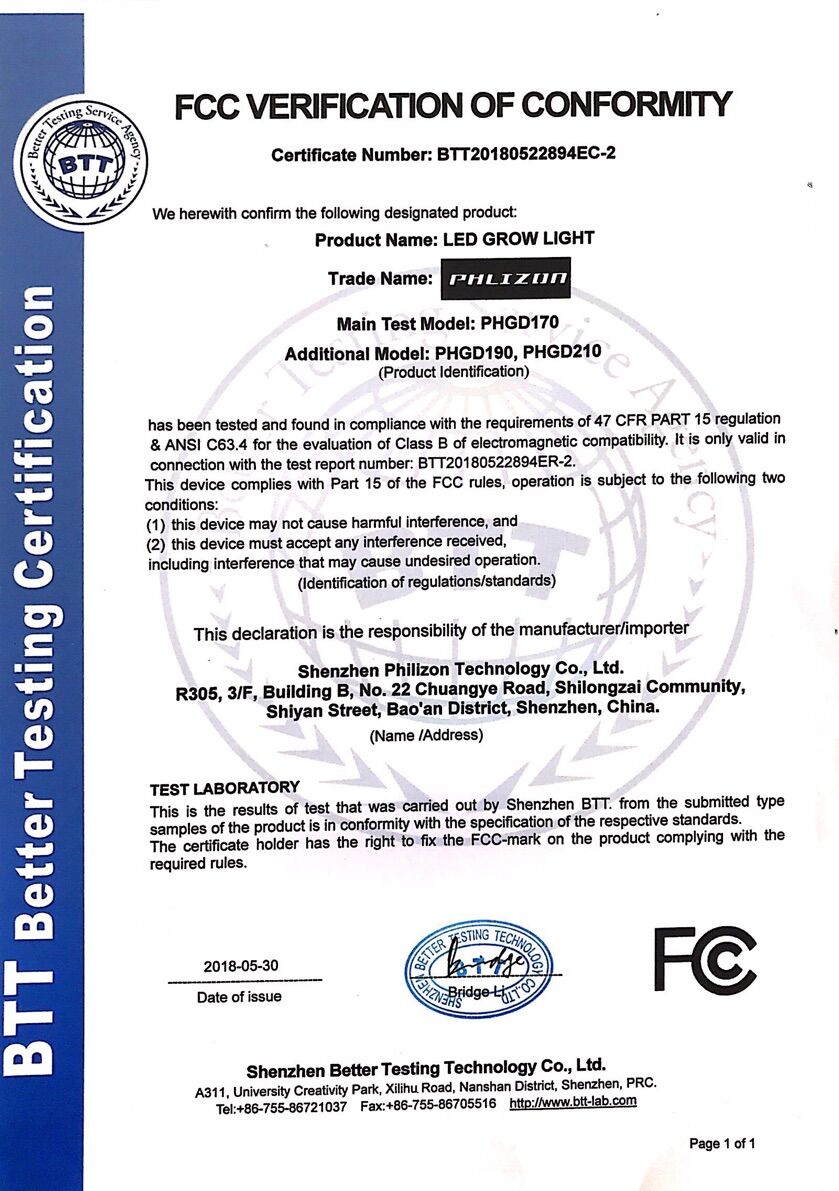 FCC Certification of Phlizon LED Grow Lights