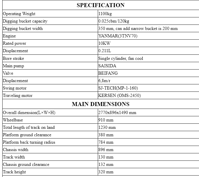 XN12 mini excavator specification